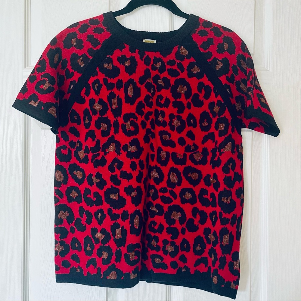 Anne Klein Red Leopard Print Short Sleeve Sweater Metallic Detail
